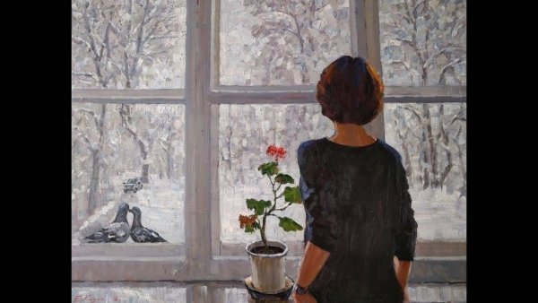 Женщина у окна зимой живопись