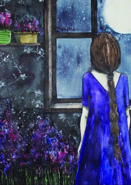Девушка у окна акварель