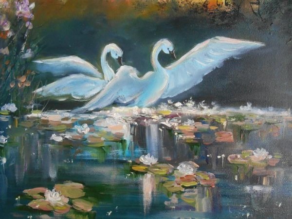 Пейзаж с лебедями живопись