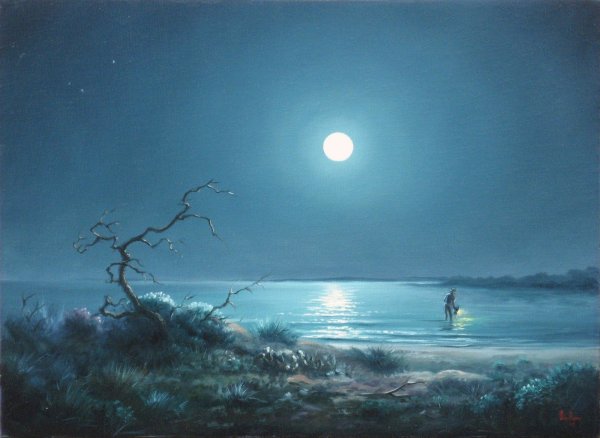 Река ночью акварелью