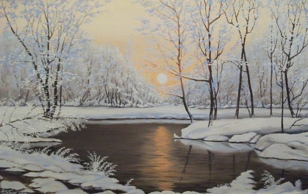 Река зимой живопись
