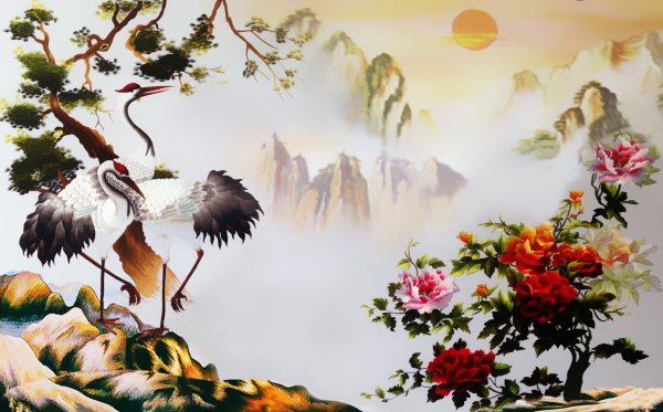 Китайская живопись Журавли и сосна