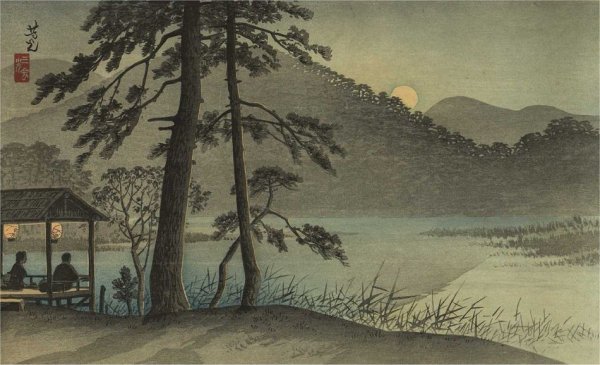 Япония озеро бива гравюра