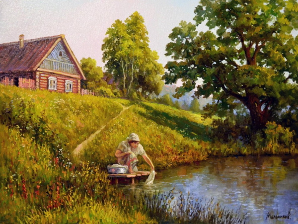 Деревенский пейзаж с речкой