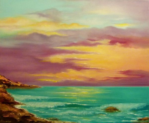 Закат на море живопись