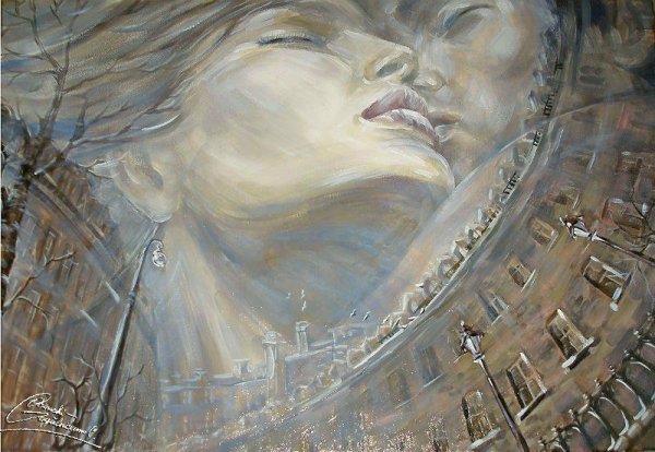 Человек на лавочке живопись