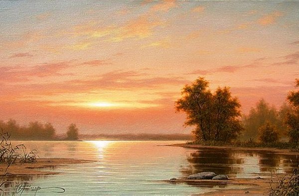 Рассвет на реке живопись