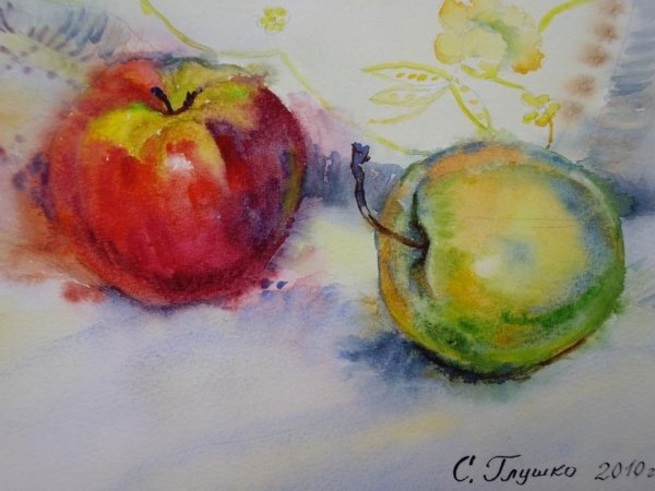 Яблоки акварелью по сырому