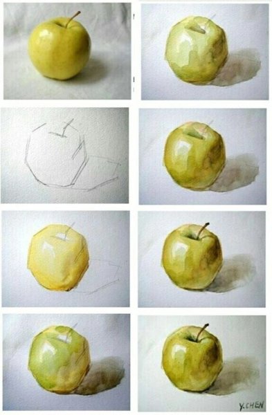 Яблоко акварелью лессировка