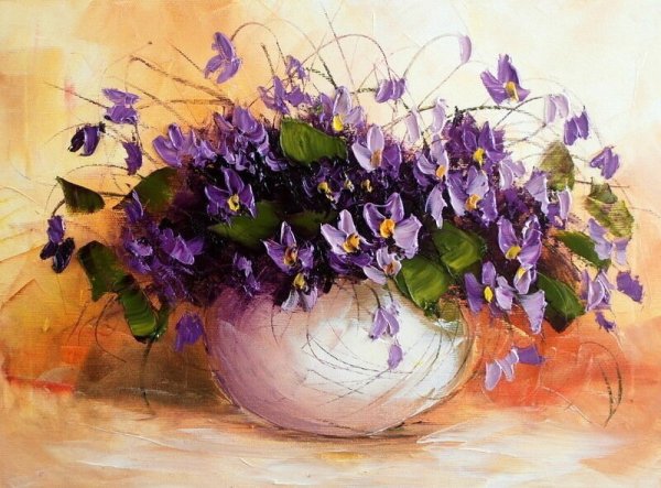 Картина фиалки живопись мастихином