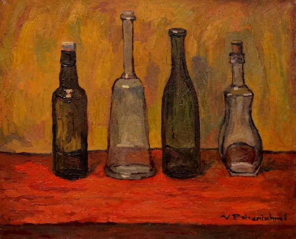 Натюрморт с бутылками живопись