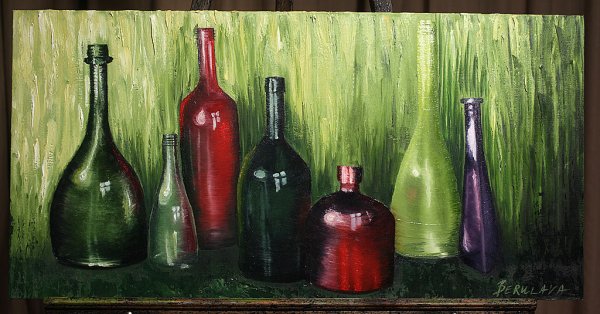 Натюрморт с бутылками живопись