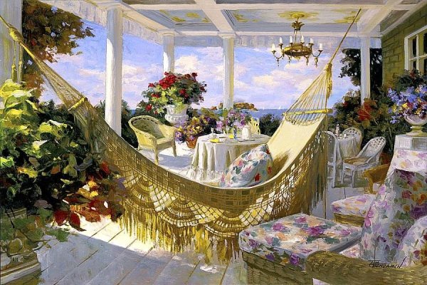 Летняя веранда у моря живопись