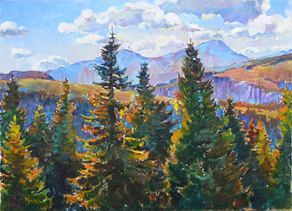 Пейзаж с елками маслом