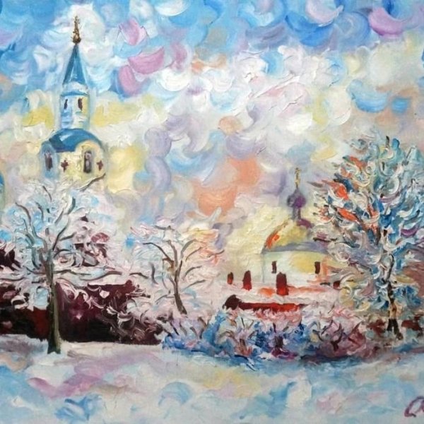 Рождественский пейзаж гуашью