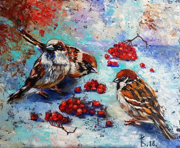 Воробьи картина маслом