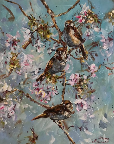 Воробьи живопись