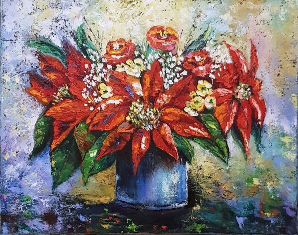 Пуансеттия натюрморт живопись