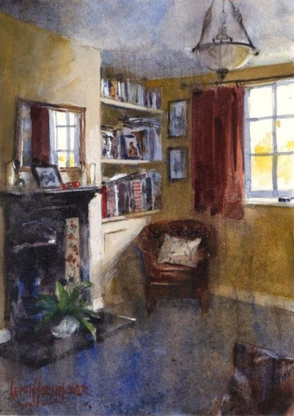 Интерьер с окном акварелью живопись