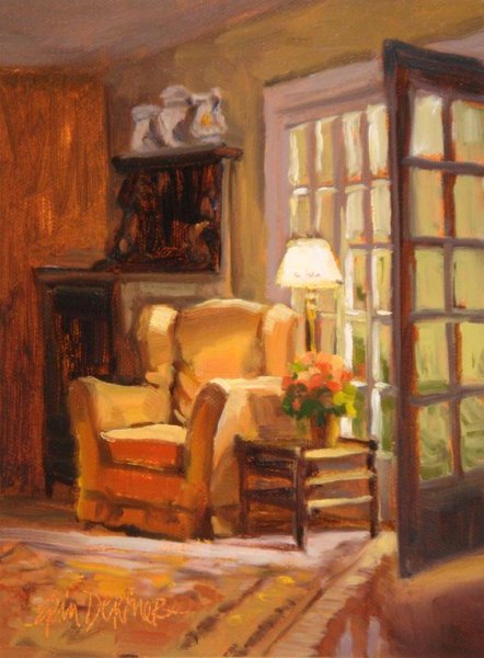 Интерьер с окном акварелью живопись