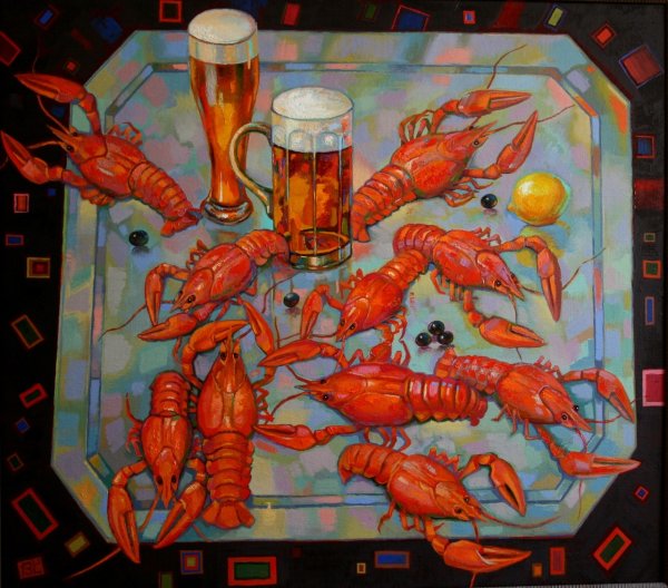 Композиция пиво, раки, помидоры