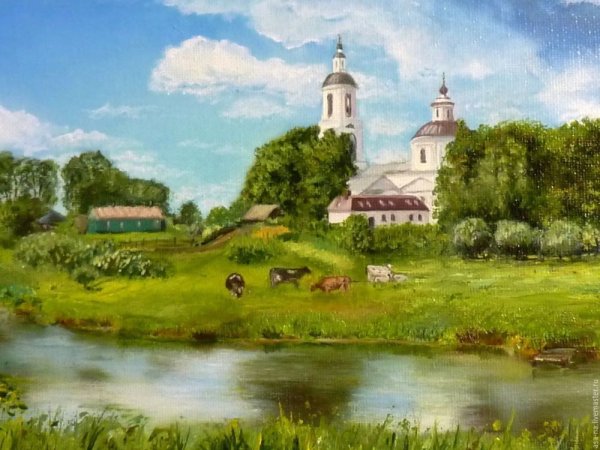 Деревенский пейзаж с храмом