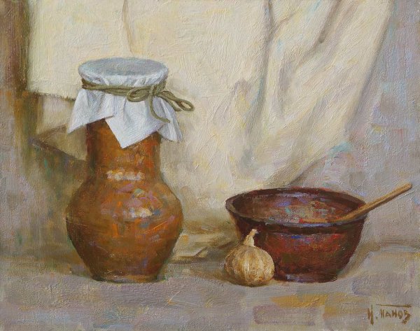 Деревенский натюрморт в живописи с крынкой