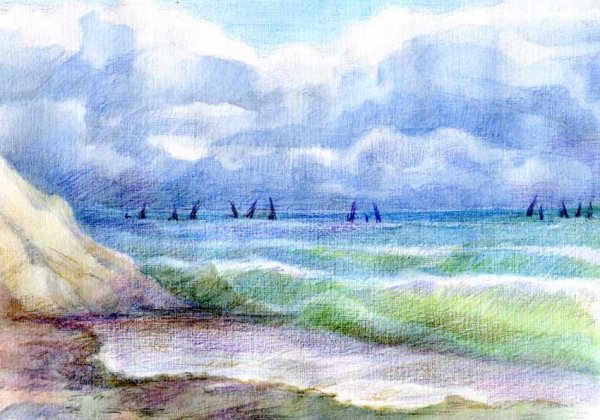 Море цветными карандашами