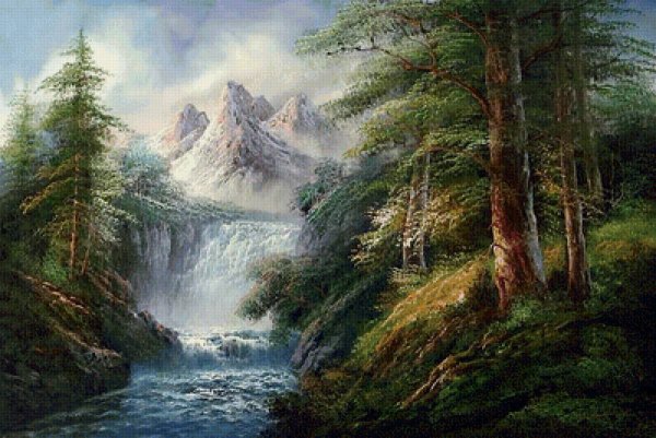 Горный водопад живопись