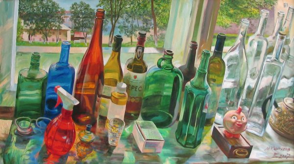 Натюрморт с бутылками живопись