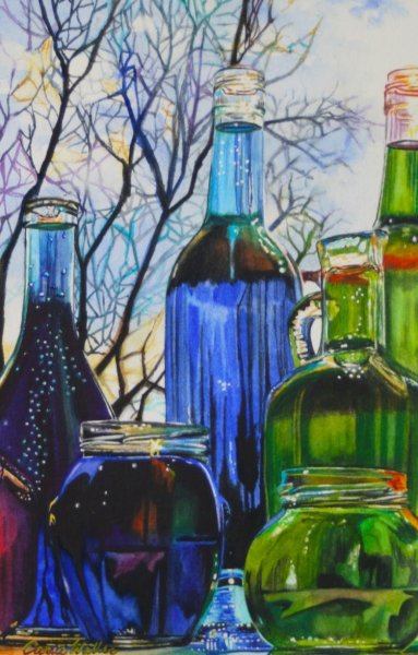 Стеклянная бутылка акварелью