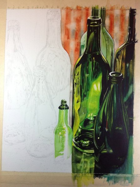 Стеклянная бутылка акварелью