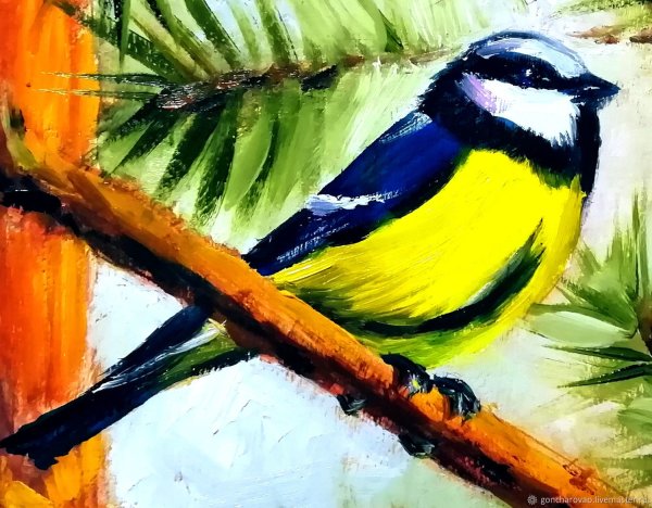 Синица картина на картоне