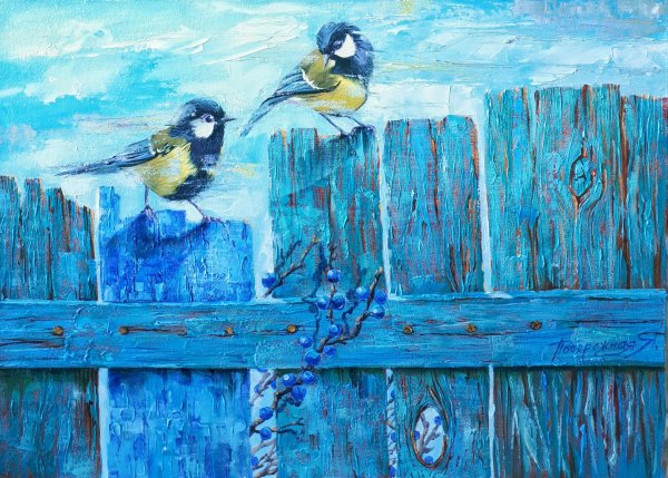 Весна птицы на заборе живопись