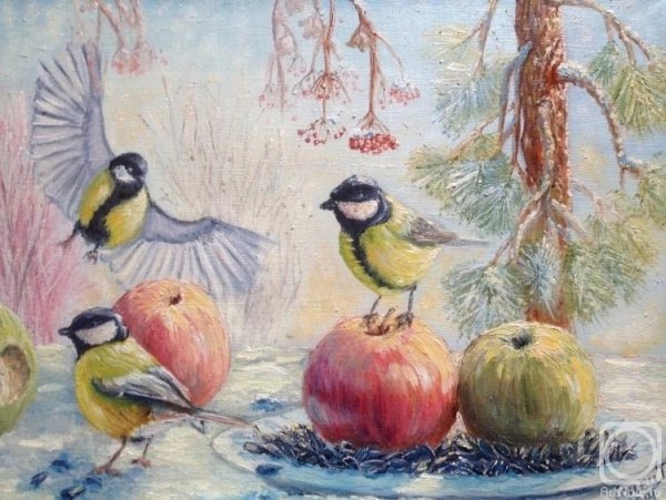 Птицы зимой живопись