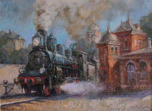 Стимпанк паровоз акварель