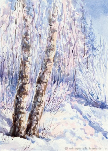 Заснеженная береза живопись