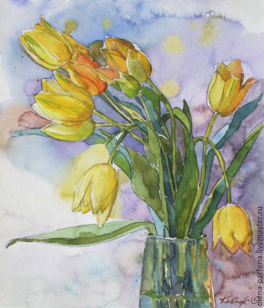 Желтые тюльпаны акварель