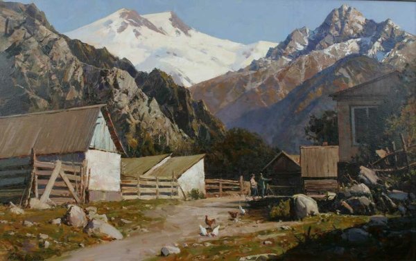 Горы Кавказа Эльбрус акварелью