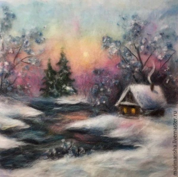 Шерстяная живопись зимний пейзаж