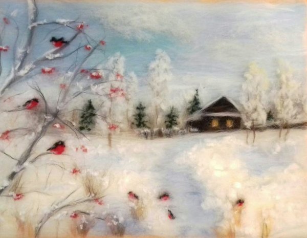 Шерстяная живопись зимний пейзаж