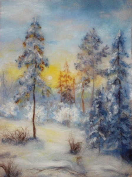 Шерстяная живопись зимний пейзаж