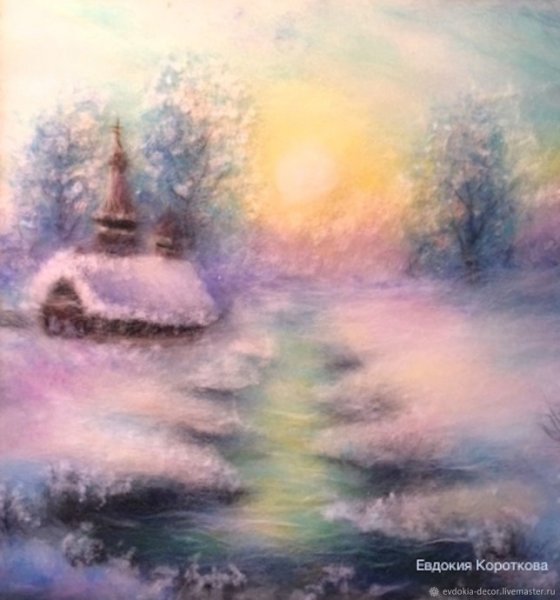 Живопись шерстью зимний пейзаж