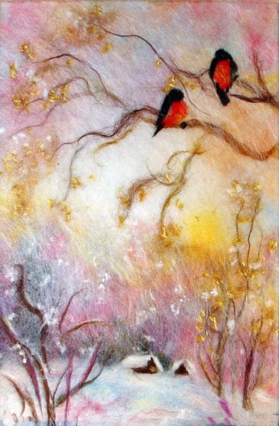 Шерстяная живопись зимний пейзаж