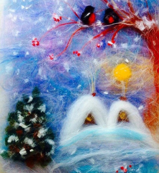 Картина из шерсти зимняя ночь