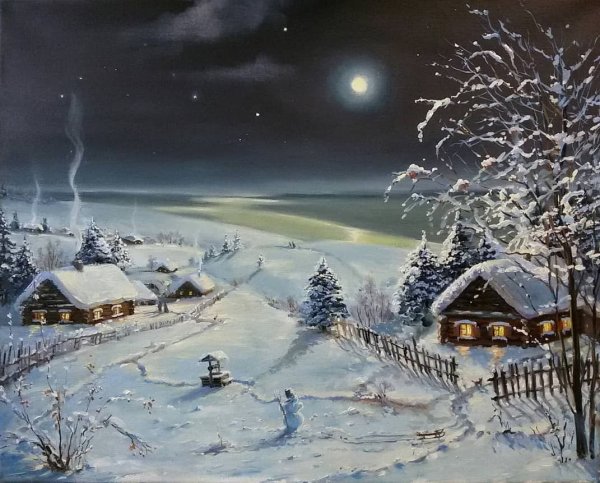 Зимняя ночь в деревне живопись