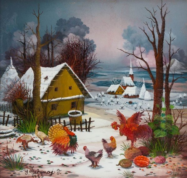 Зима наив художники деревня