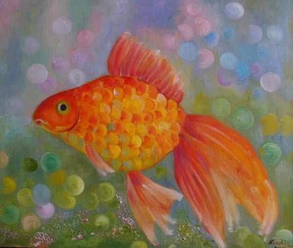 Золотая рыбка маслом на холсте