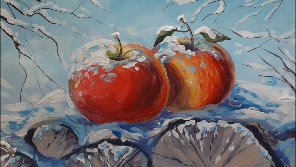 Яблоки на снегу живопись