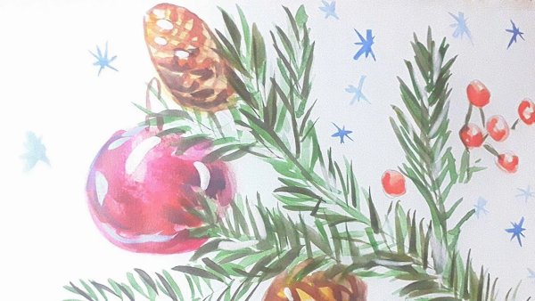 Ветка елки гуашью